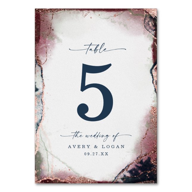 Modern Abstract Watercolor Burgundy & Navy Wedding Table Number (Front)