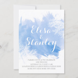 Modern abstract watercolor coral reef blue wedding invitation