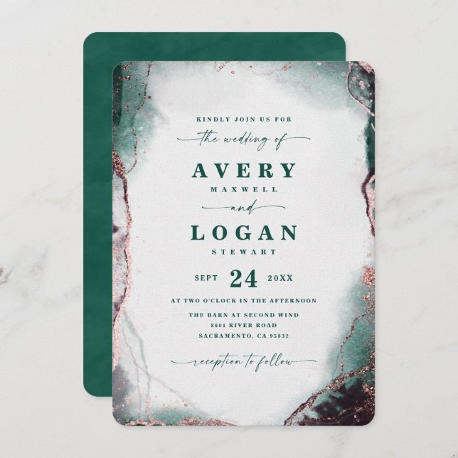 Modern Abstract Watercolor Emerald Green Wedding Invitation (Front/Back)