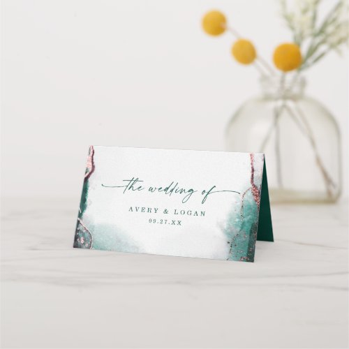 Modern Abstract Watercolor Emerald Green Wedding Place Card