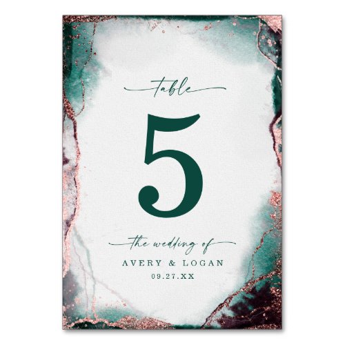 Modern Abstract Watercolor Emerald Green Wedding Table Number