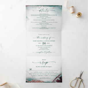 Modern Abstract Watercolor Emerald Green Wedding Tri-Fold Invitation