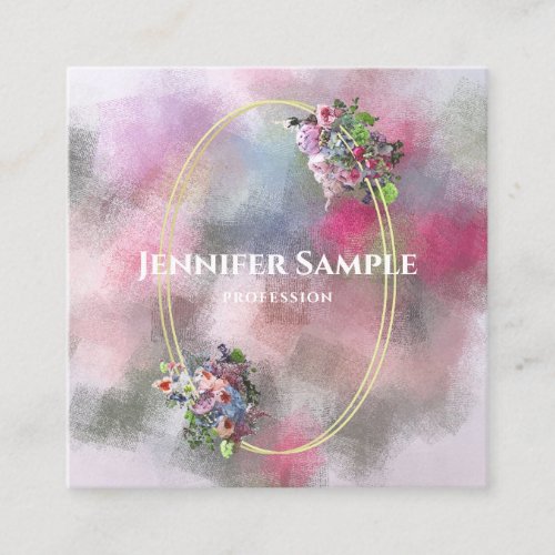Modern Abstract Watercolor Flowers Gold Frame Chic Square Business Card