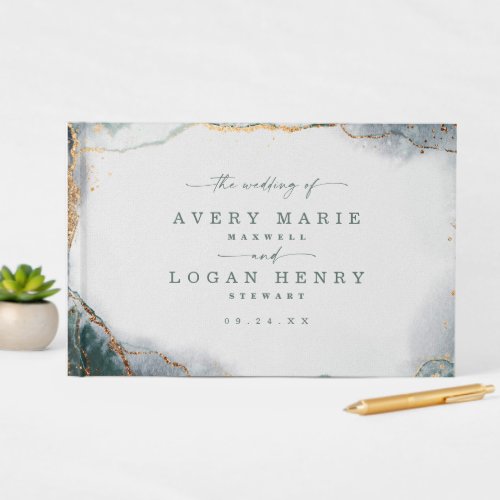 Modern Abstract Watercolor Green  Gold Wedding Guest Book