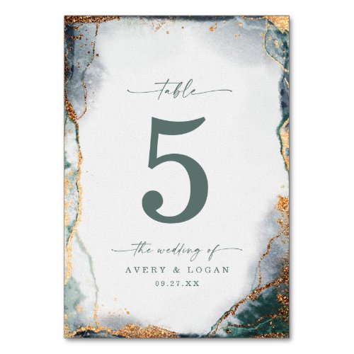 Modern Abstract Watercolor Green  Gold Wedding Table Number