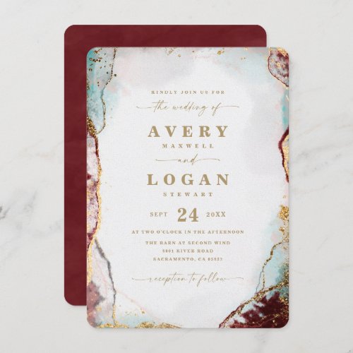 Modern Abstract Watercolor in Wine  Gold Wedding Invitation