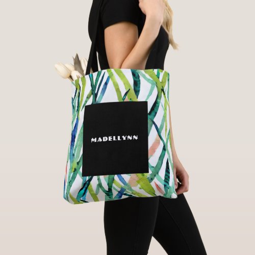 Modern Abstract Watercolor Leaf Monogram Tote Bag