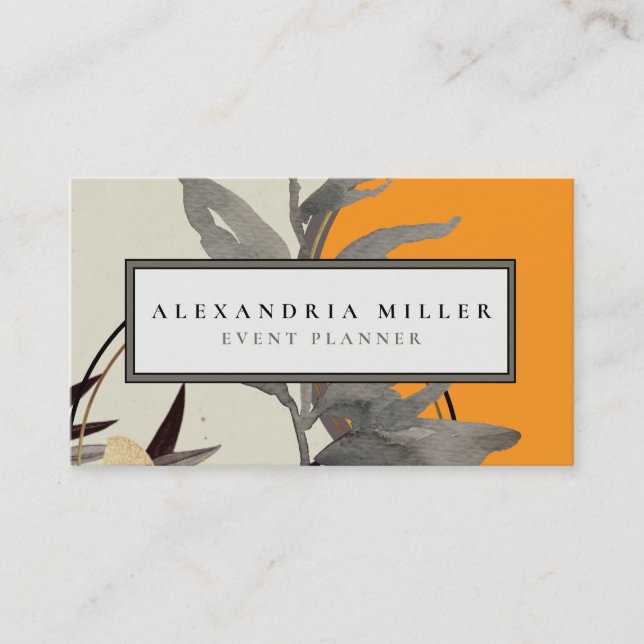 Modern Abstract Watercolor Leaves | Orange Business Card (Front)
