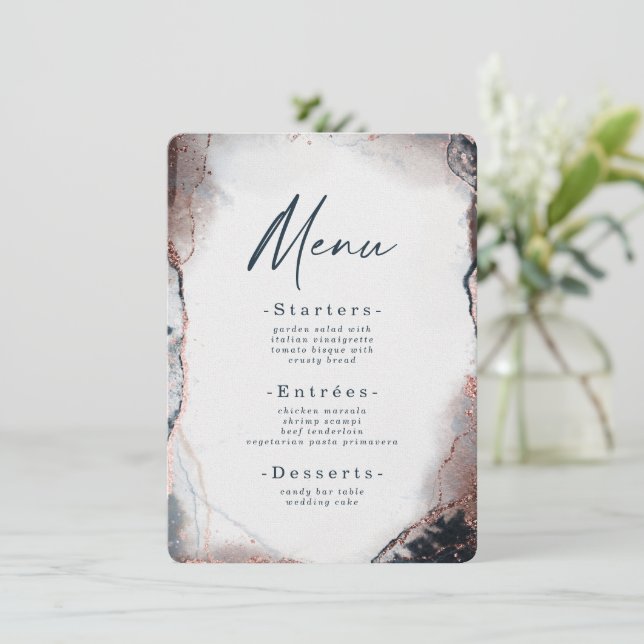 Modern Abstract Watercolor Moonlight Blue Wedding Menu (Standing Front)