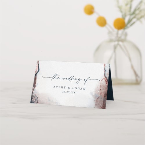 Modern Abstract Watercolor Moonlight Blue Wedding Place Card