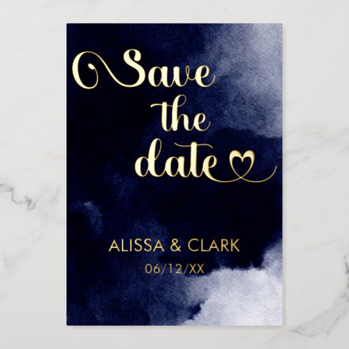 Modern Abstract Watercolor Navy Save The Date Foil Invitation