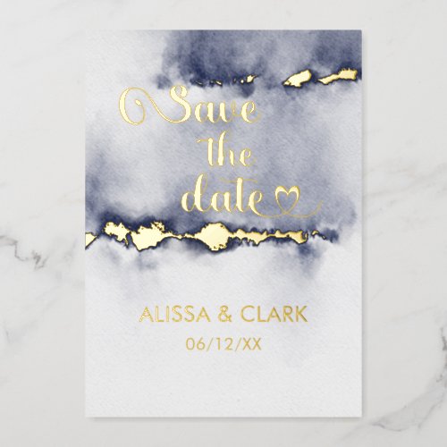 Modern Abstract Watercolor Navy Save The Date Foil Invitation