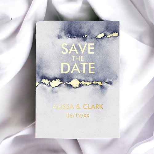 Modern Abstract Watercolor Navy Save The Date Foil Invitation