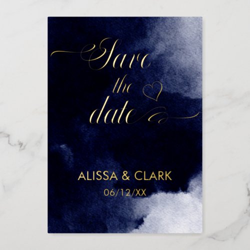 Modern Abstract Watercolor Navy Save The Date Foil Invitation