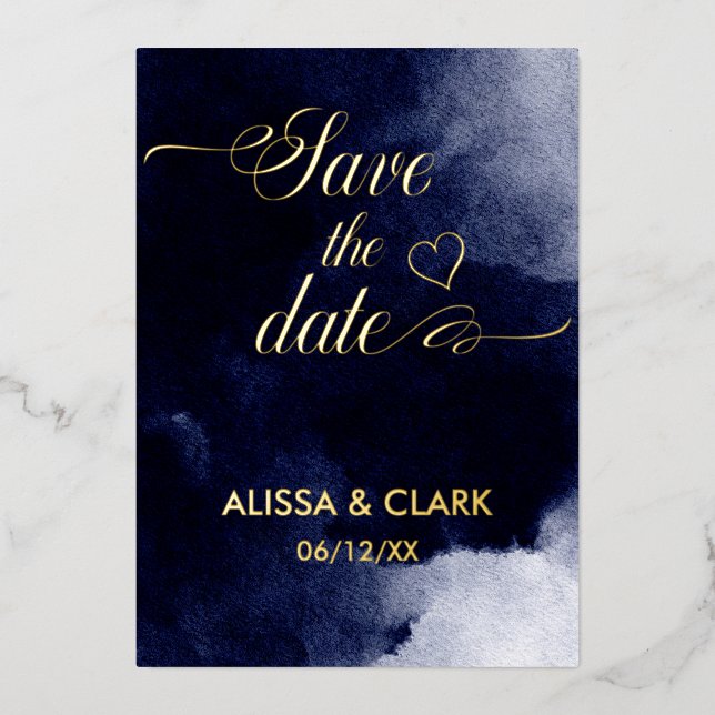 Modern Abstract Watercolor Navy Save The Date Foil Invitation (Front)