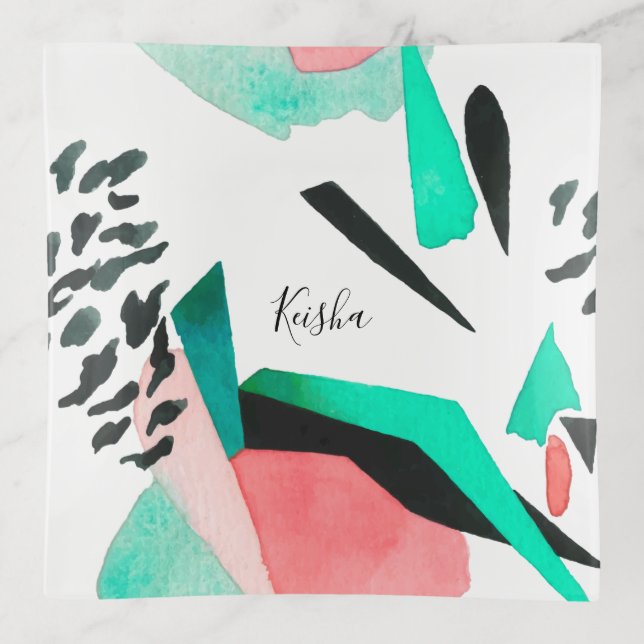 Modern Abstract Watercolor Pattern with Name Trinket Tray (Front)