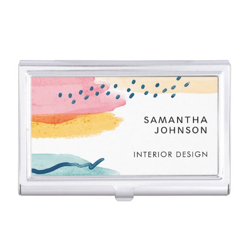 Modern Abstract Watercolor Pink Yellow Blue Design Business Card Case