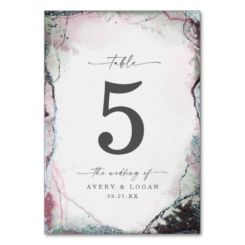 Modern Abstract Watercolor Purple  Gray Wedding Table Number