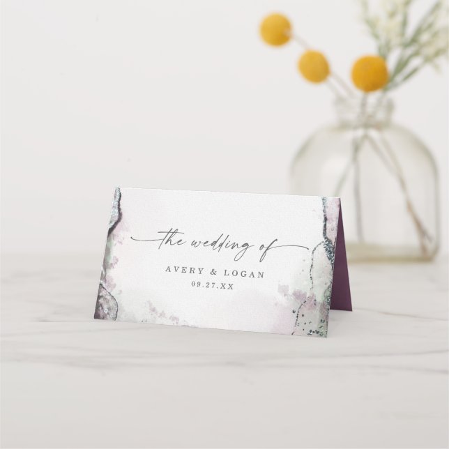 Modern Abstract Watercolor Purple & Green Wedding Place Card (Back)