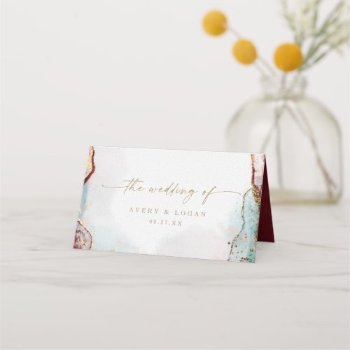 Modern Abstract Watercolor Red Aqua  Gold Wedding Place Card