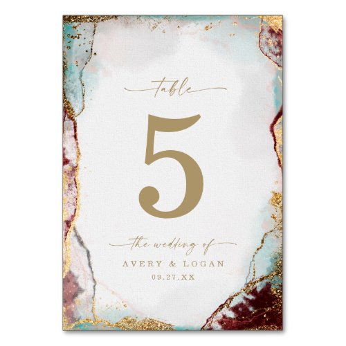 Modern Abstract Watercolor Red Aqua  Gold Wedding Table Number