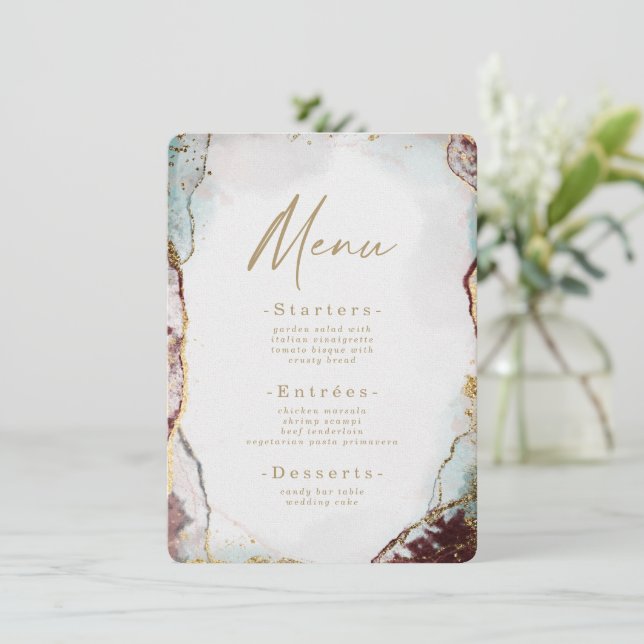 Modern Abstract Watercolor Red & Gold Wedding Menu (Standing Front)
