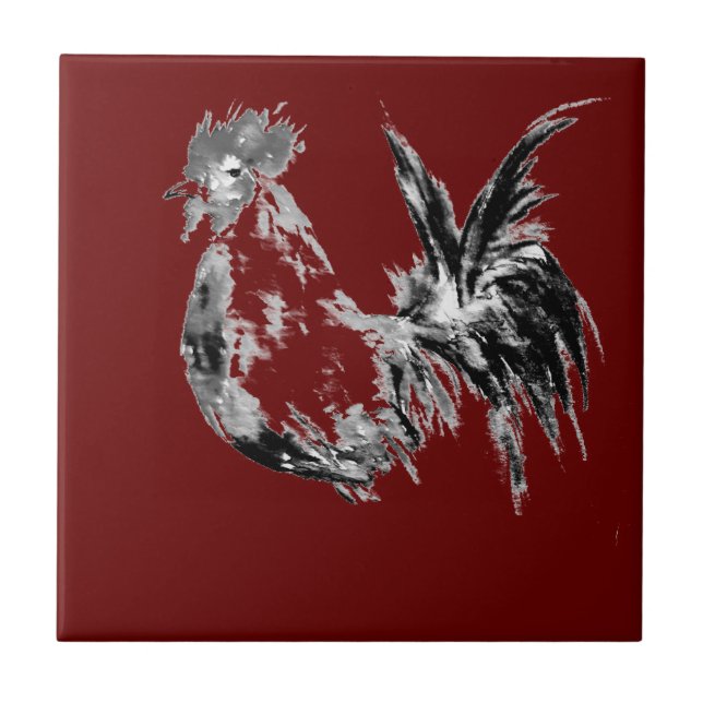 Modern Abstract Watercolor Rooster Ceramic Tile (Front)