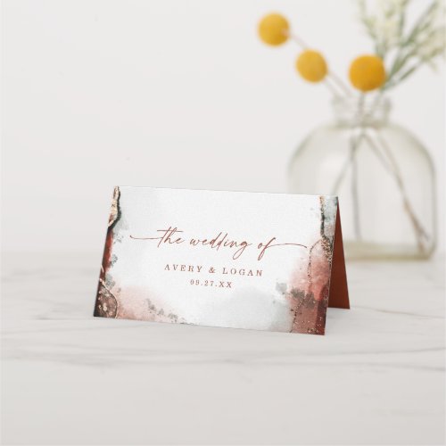 Modern Abstract Watercolor Rust  Hunter Wedding Place Card