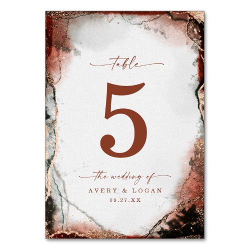 Modern Abstract Watercolor Rust  Hunter Wedding Table Number