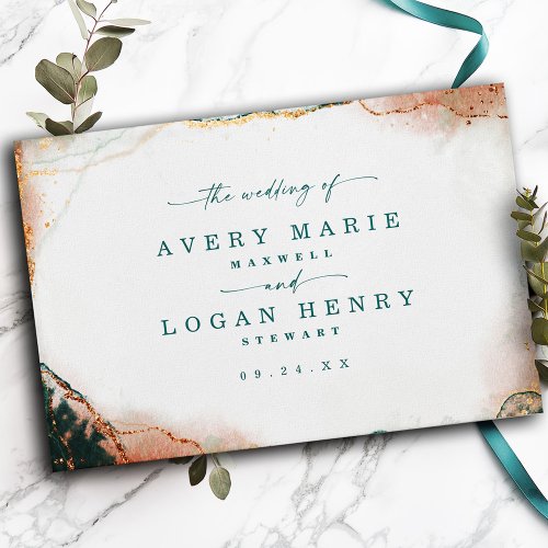 Modern Abstract Watercolor Teal  Copper Wedding Guest Book