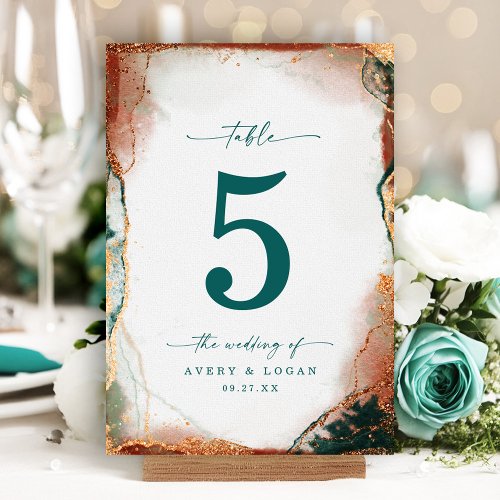 Modern Abstract Watercolor Teal  Copper Wedding Table Number