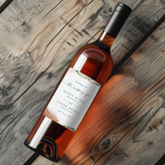 Modern Abstract Watercolor Teal & Copper Wedding Wine Label (Elegant teal and copper watercolor wine label personalized for a wedding.)