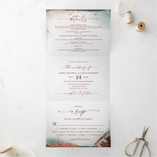 Modern Abstract Watercolor Terra Cotta Wedding Tri-Fold Invitation