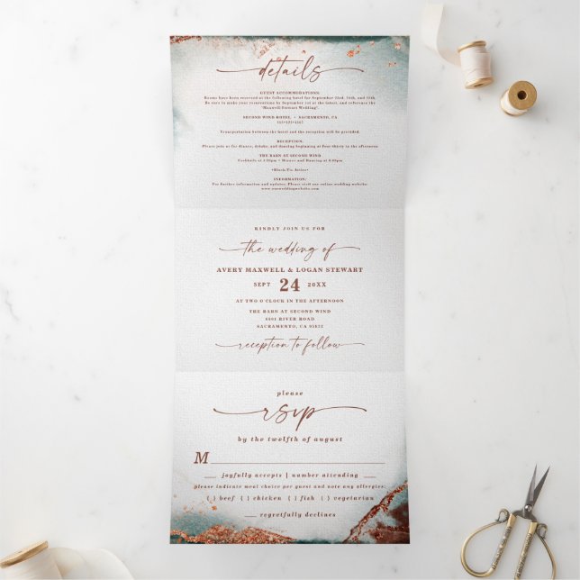 Modern Abstract Watercolor Terra Cotta Wedding Tri-Fold Invitation (Inside)
