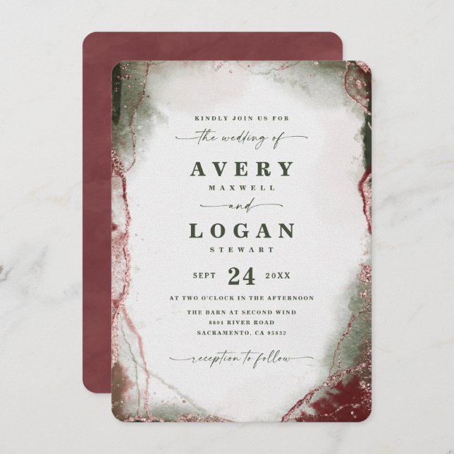 Modern Abstract Watercolor Terra Rosa Wedding Invitation (Front/Back)