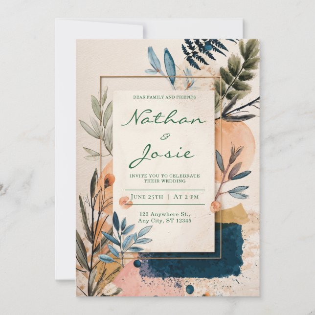 Modern Abstract Watercolor Terracotta Gold Wedding Invitation (Front)