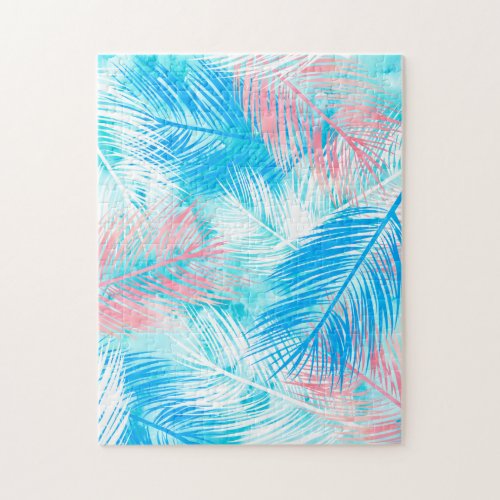 Modern abstract watercolor tropical blue palm tree jigsaw puzzle