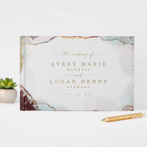 Modern Abstract Watercolor Wine Red  Gold Wedding Guest Book