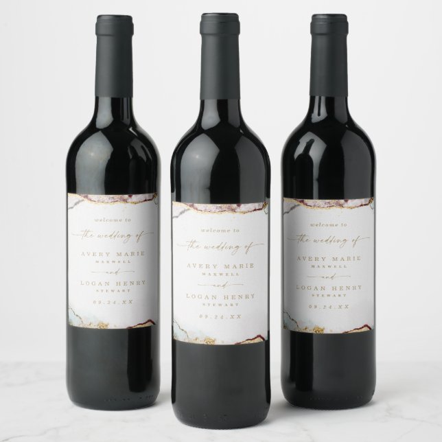 Modern Abstract Watercolor Wine Red & Gold Wedding Wine Label (Bottles)