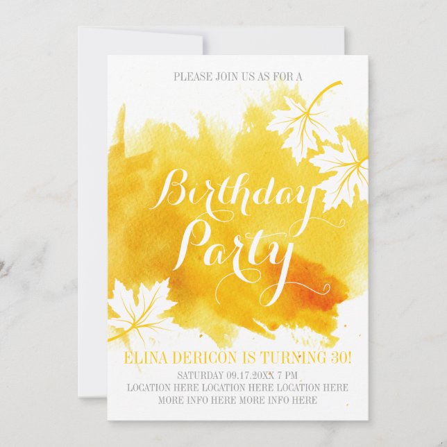 Modern abstract watercolor yellow birthday party invitation (Front)