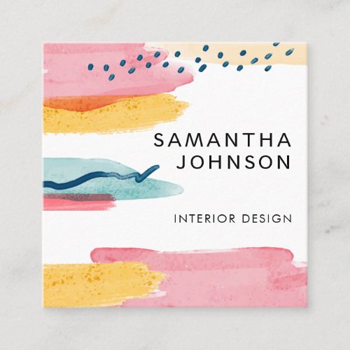 Modern Abstract Watercolor Yellow Pink Blue Design Square Business Card