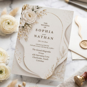 Modern Abstract Wavy Layered White Floral Wedding Invitation