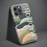 Modern Abstract Wavy Pattern Personalized Name Case-Mate iPhone 14 Pro Case<br><div class="desc">Modern Abstract Wavy Pattern Personalized Name iPhone 14 Pro Phone Cases features an abstract wavy pattern in gray,  green and pink with your personalized name in white modern script typography. Perfect for personalized Christmas gifts and winter holidays. Designed by © Evco Studio www.zazzle.com/store/evcostudio</div>