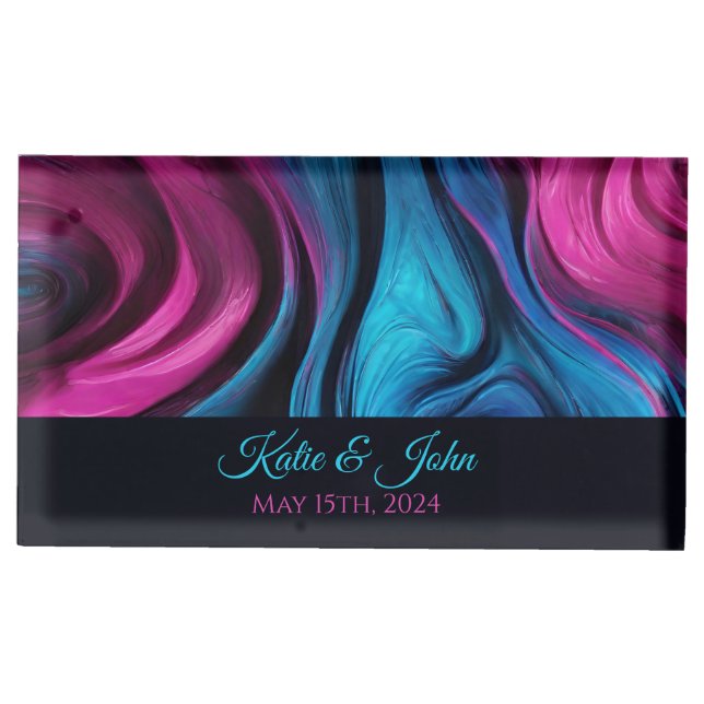Modern Abstract Wedding-Blue and Pink- Place Card Holder (Front)