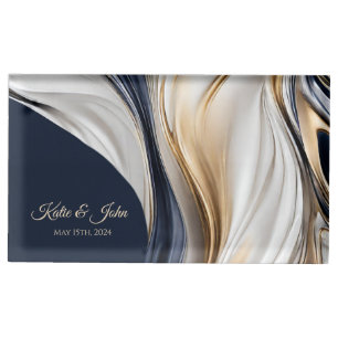 Modern Abstract Wedding-Blue White Gold Place Card Holder