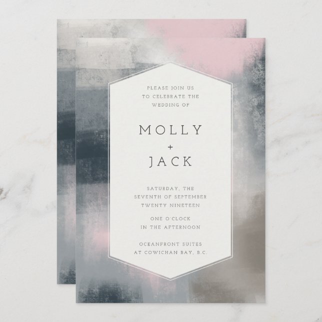 MODERN ABSTRACT WEDDING INVITATION (NAVY/BLUSH) (Front/Back)