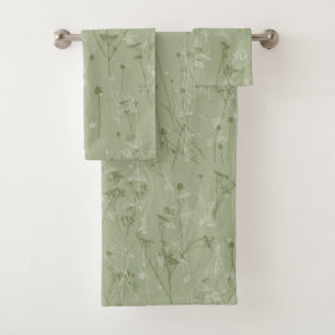 Modern Abstract Wildflowers Dark Sage Green Bath Towel Set