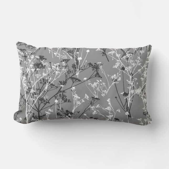 Modern Abstract Wildflowers Gray Black White Lumbar Pillow (Front)