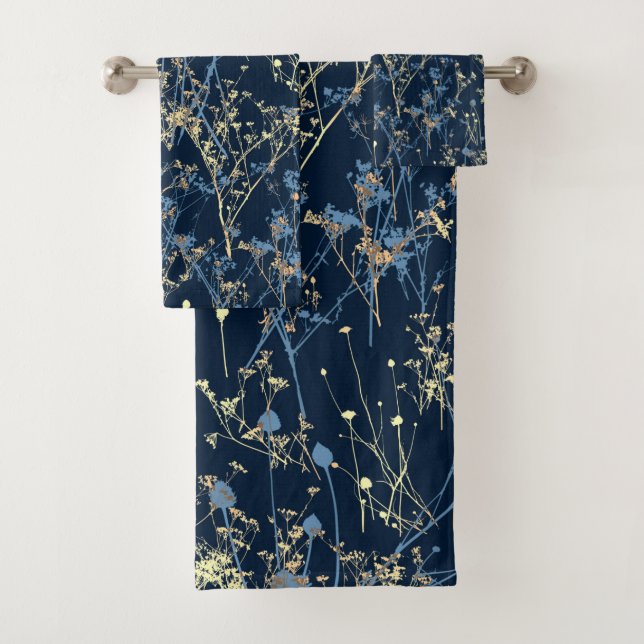 Modern Abstract Wildflowers on Dark Navy Blue Bath Towel Set (Insitu)