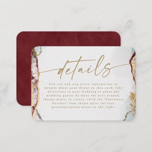 Modern Abstract Wine Red  Gold Wedding Details Enclosure Card